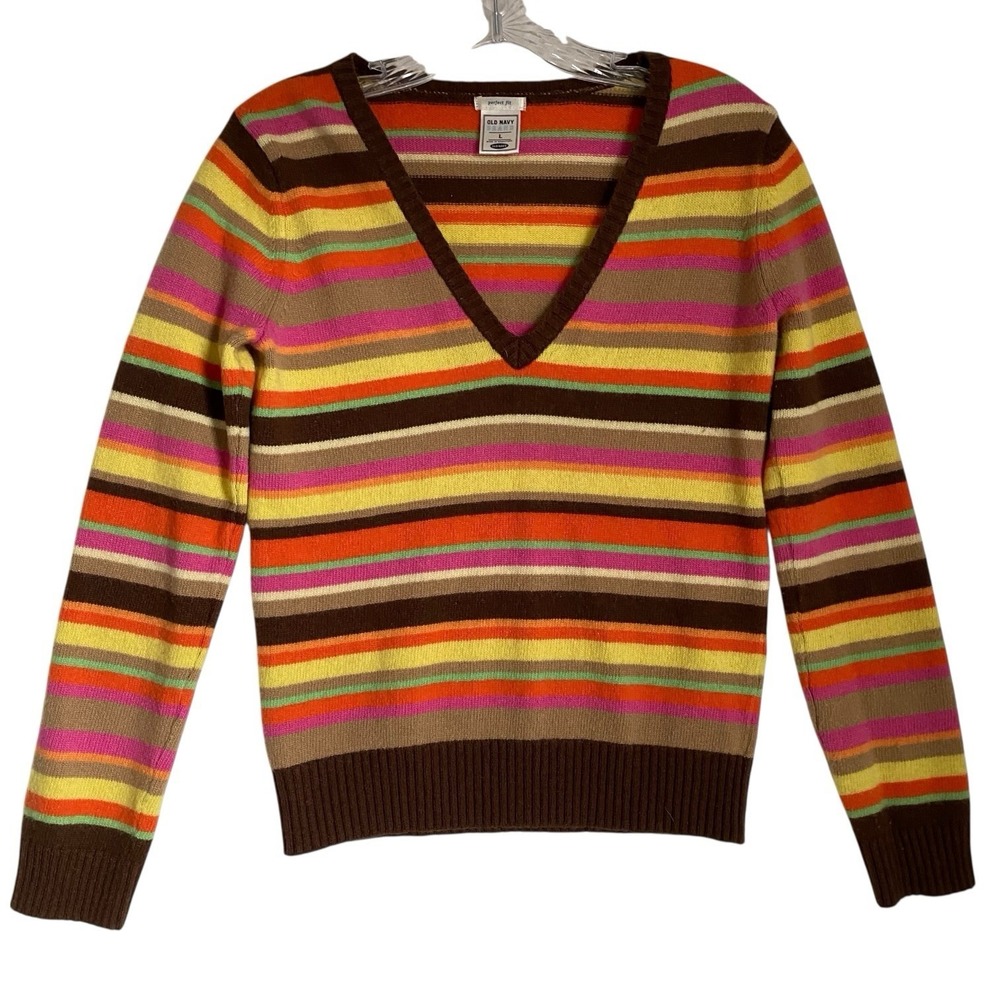 Vintage Y2K Sweater Women Sz M Multicolor Rainbow Striped V Neck Retro